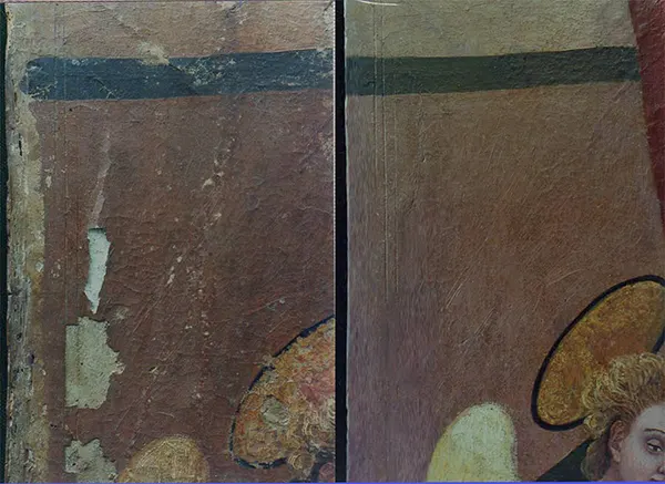 Reintegración cromática de pintura sobre tabla con técnica de rigatino durante la restauración