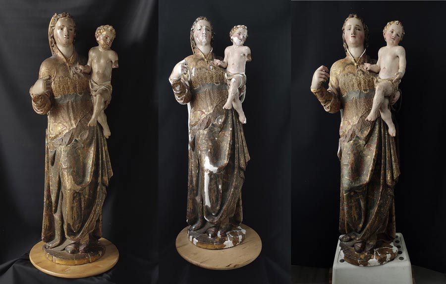 Escultura policromada de Virgen con Niño del siglo XVII antes de la restauración