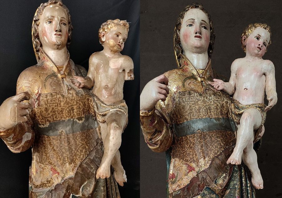 Comparativa de vista superior antes y despu&eacute;s de restauraci&oacute;n Virgo con Ni&ntilde;o