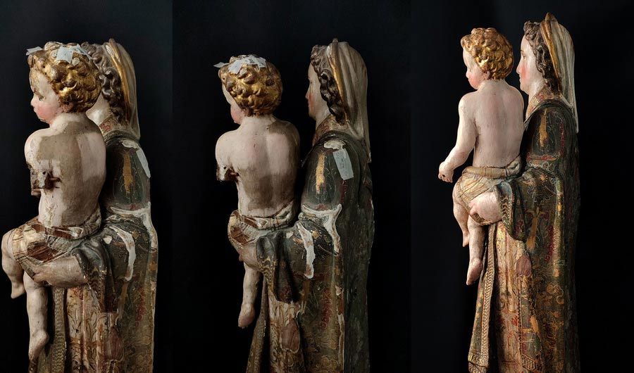 Grietas, faltas y p&eacute;rdida de soporte en escultura policromada Virgen con Ni&ntilde;o evoluci&oacute;n