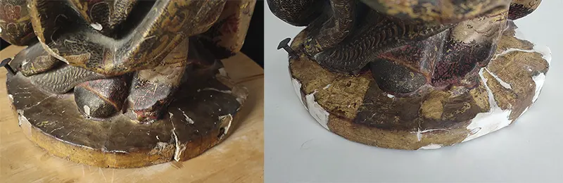 Ataque biol&oacute;gico, suciedad y barnices oxidados en la peana de la escultura