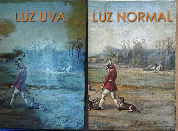 Comparativa de luz normal y luz rasante en diagnóstico de pintura para condition report