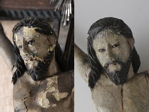Acercamiento a un craquelado y levantamiento de la capa pictórica en una escultura de madera policromada