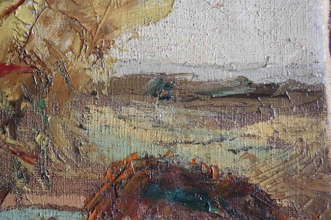 Cuadro de paisaje restaurado tras estucado y reintegraci&oacute;n crom&aacute;tica