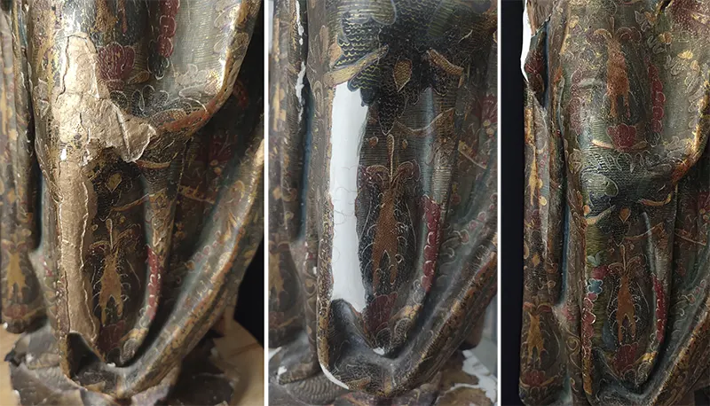 Deterioro de policrom&iacute;a y estofados en el manto de la Virgen con Ni&ntilde;o antes de restauraci&oacute;n