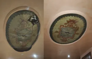 Daños por agua en pintura de techo tras rotura de tubería, documentados para informe de peritaje