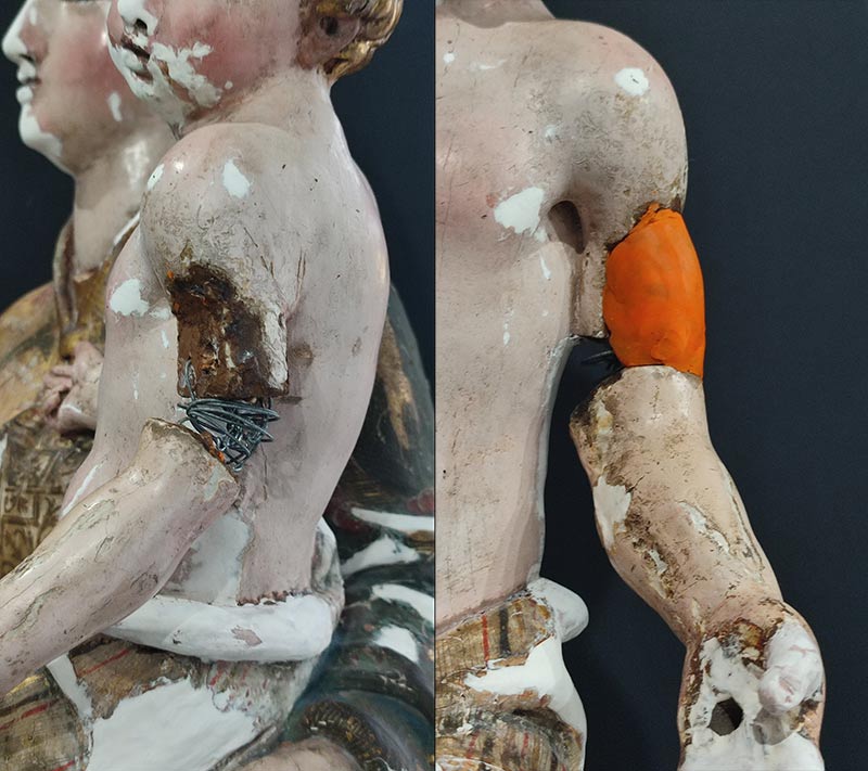 recomposici&oacute;n volum&eacute;trica en el brazo en talla policromada
